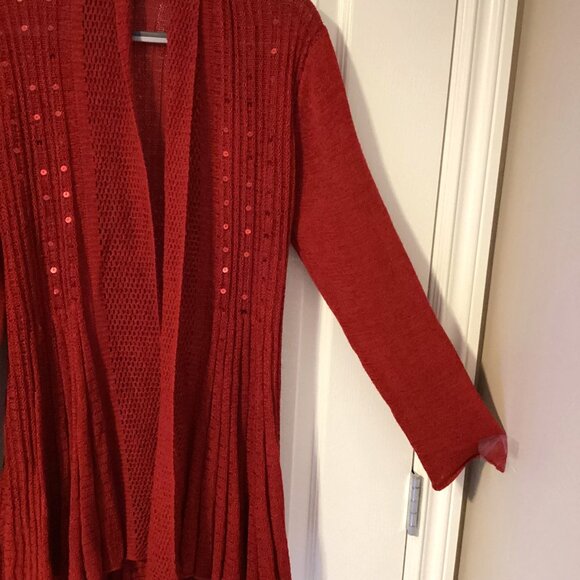 Women Long Sleeve Swingy Open Knit Cardigan Semi Sheer Red Sequins Festive - Picture 3 of 5